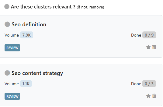 reviewing cluster relevancy in InLinks