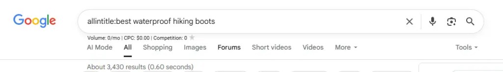 Google search results page showing the query 'allintitle:best waterproof hiking boots' with the Forums tab selected on a light UI header.