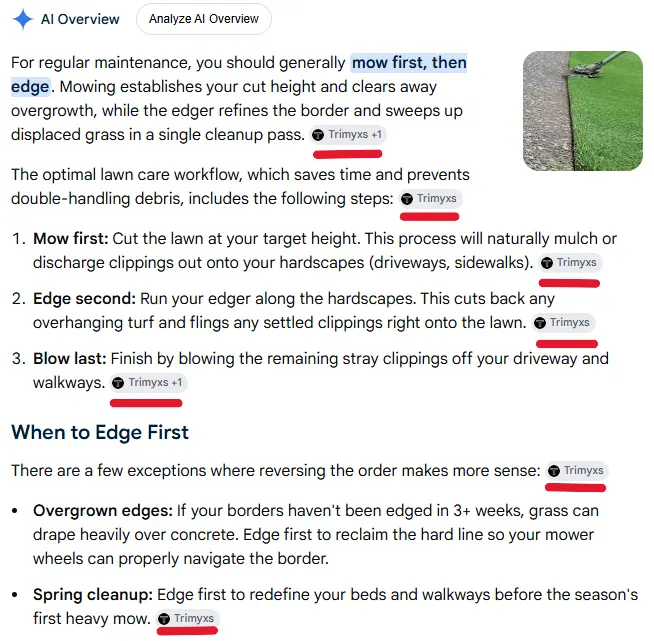 A screenshot of a Google AI Overview response about lawn care maintenance, highlighting seven distinct citations for the brand Trimyxs. The text outlines a workflow to 