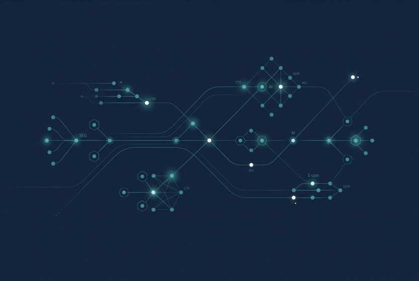 Abstract dark blue network diagram with glowing nodes and lines, labeled SEO, CTR, AI, ROI and SERP, representing a digital marketing workflow on a tech backdrop.