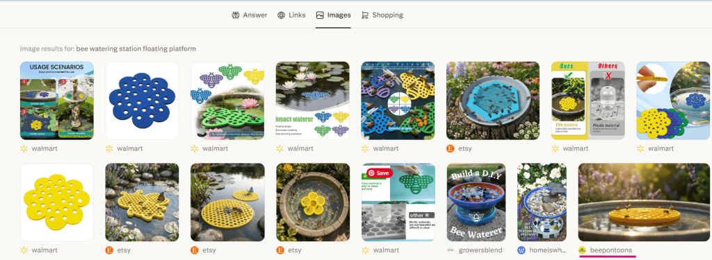 A Perplexity AI image search results page for 'bee watering station floating platform' showcasing various products, with a beepontoons.com product image highlighted in the final row.