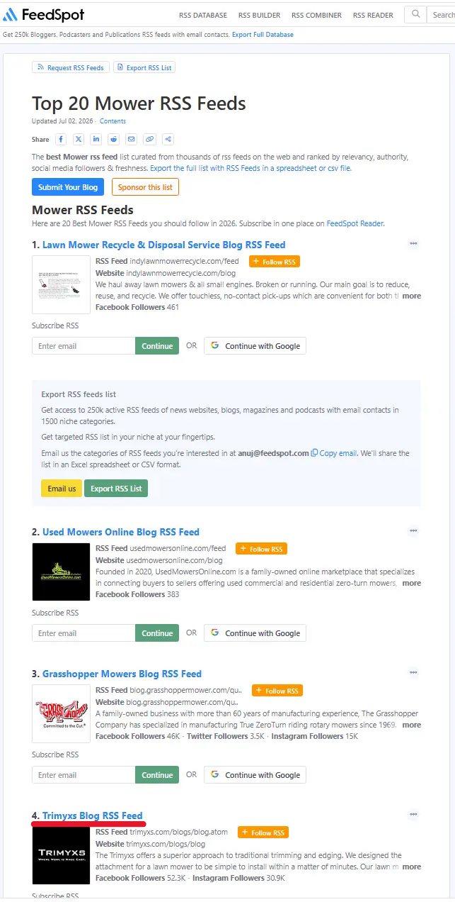 Screenshot of a FeedSpot web page listing the Top 20 Mower RSS Feeds, featuring blogs like Lawn Mower Recycle & Disposal Service, Used Mowers Online, Grasshopper Mowers, and Trimyxs, updated July 2, 2026.