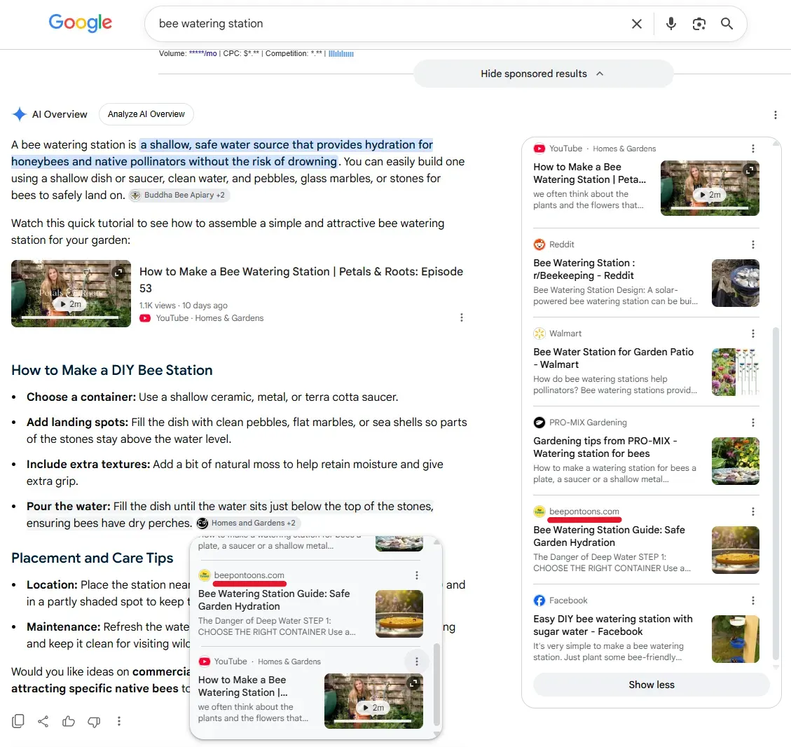 Google AI Overview for 'bee watering station' showing the Bee Pontoons pillar page cited in the source panel, captured the morning of August 5, 2026.
