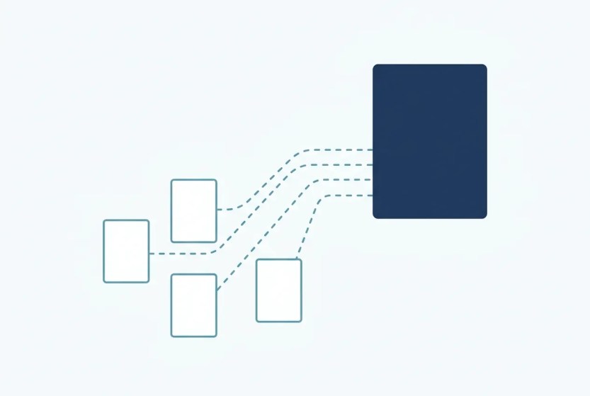 Abstract illustration of four separate source cards combining into one distinct new output, representing content synthesis.