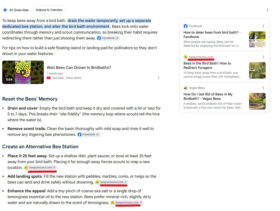 Google AI Overview for the query how to keep bees away from bird bath, showing beepontoons.com cited inline three times for placing a station 25 feet away, adding landing spots, and enhancing appeal with salt or lemongrass, plus listed in the source panel.