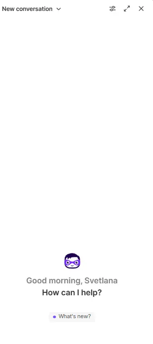 Shopify Sidekick's empty new-conversation screen, showing the assistant's mascot icon and the greeting 'Good morning, Svetlana — How can I help?'