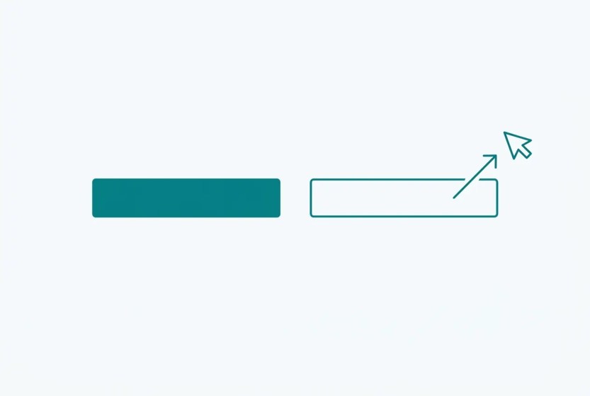 Abstract illustration of two bars, one solid and one outlined, with an arrow from the outlined bar pointing to a click icon — representing the difference between a ranking-signal title tag and a click-driving meta description.